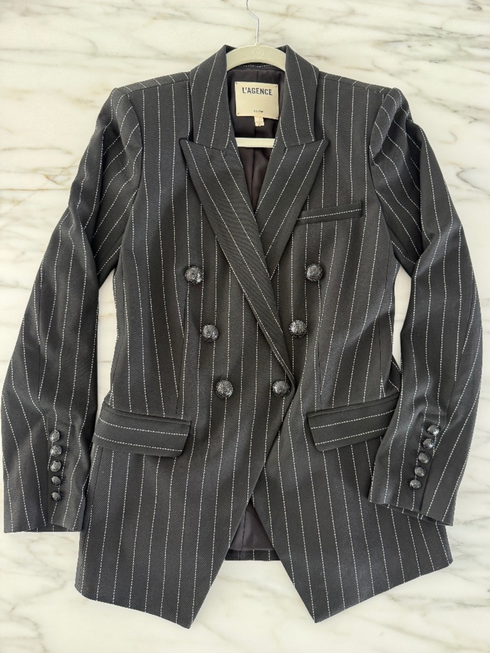 L'AGENCE Double-Breasted Pinstripe Blazer — Size 2 — Black & White